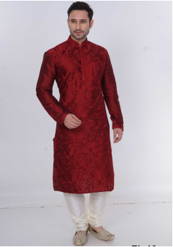 Red with Golden Color Silk Fabric Kurta Set